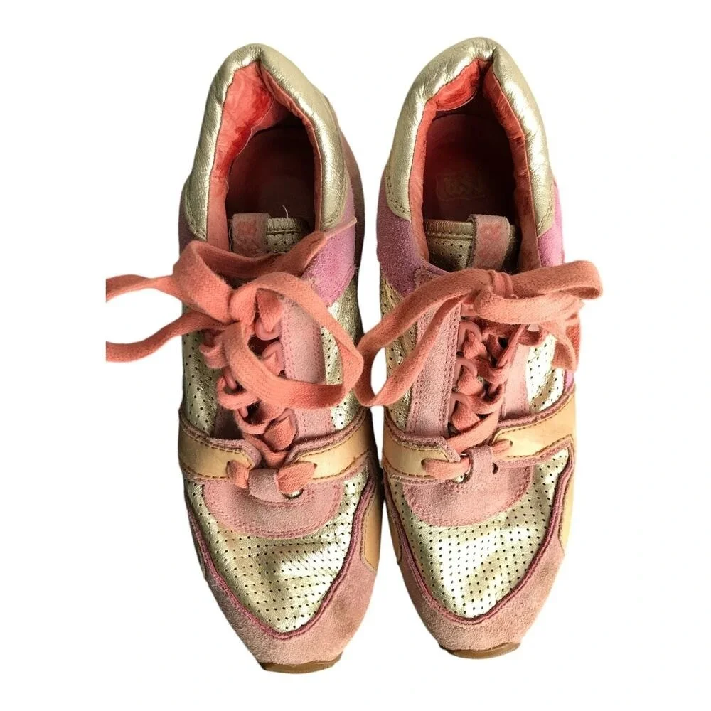 Ash Wedge Sneakers Womens 8.5 Pink Gold Dean Bis Leather Perforated‎ Hidden Heel